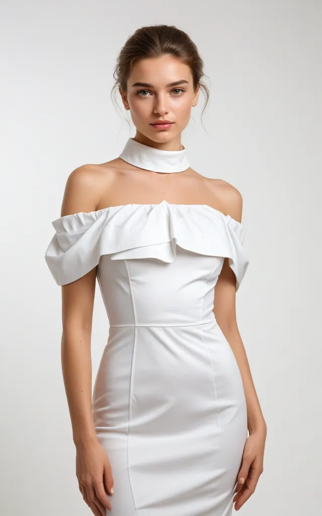 A European female model wearing a dress with an Off   the   shoulder collar, white background, bust portrait